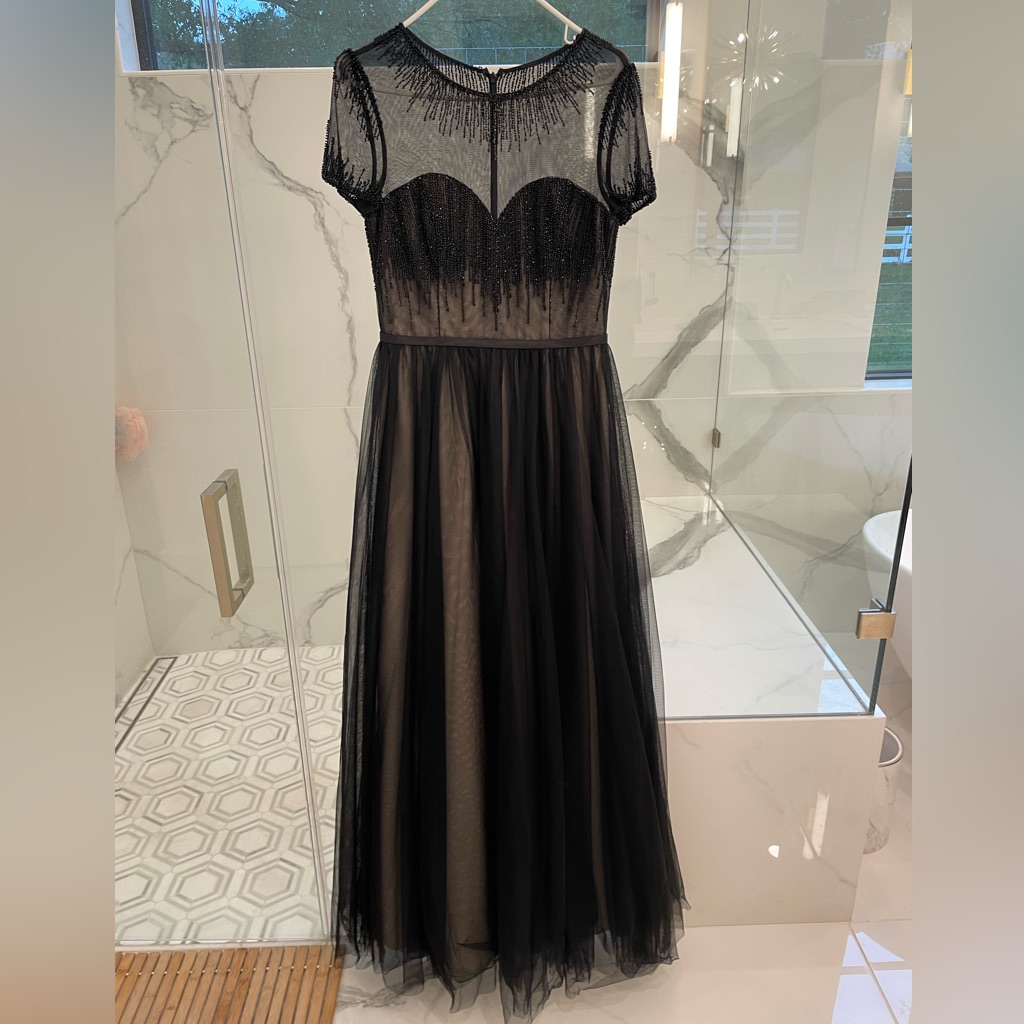 Basix Black Label Embellished Tulle Cap-Sleeve Black Ball Gown
